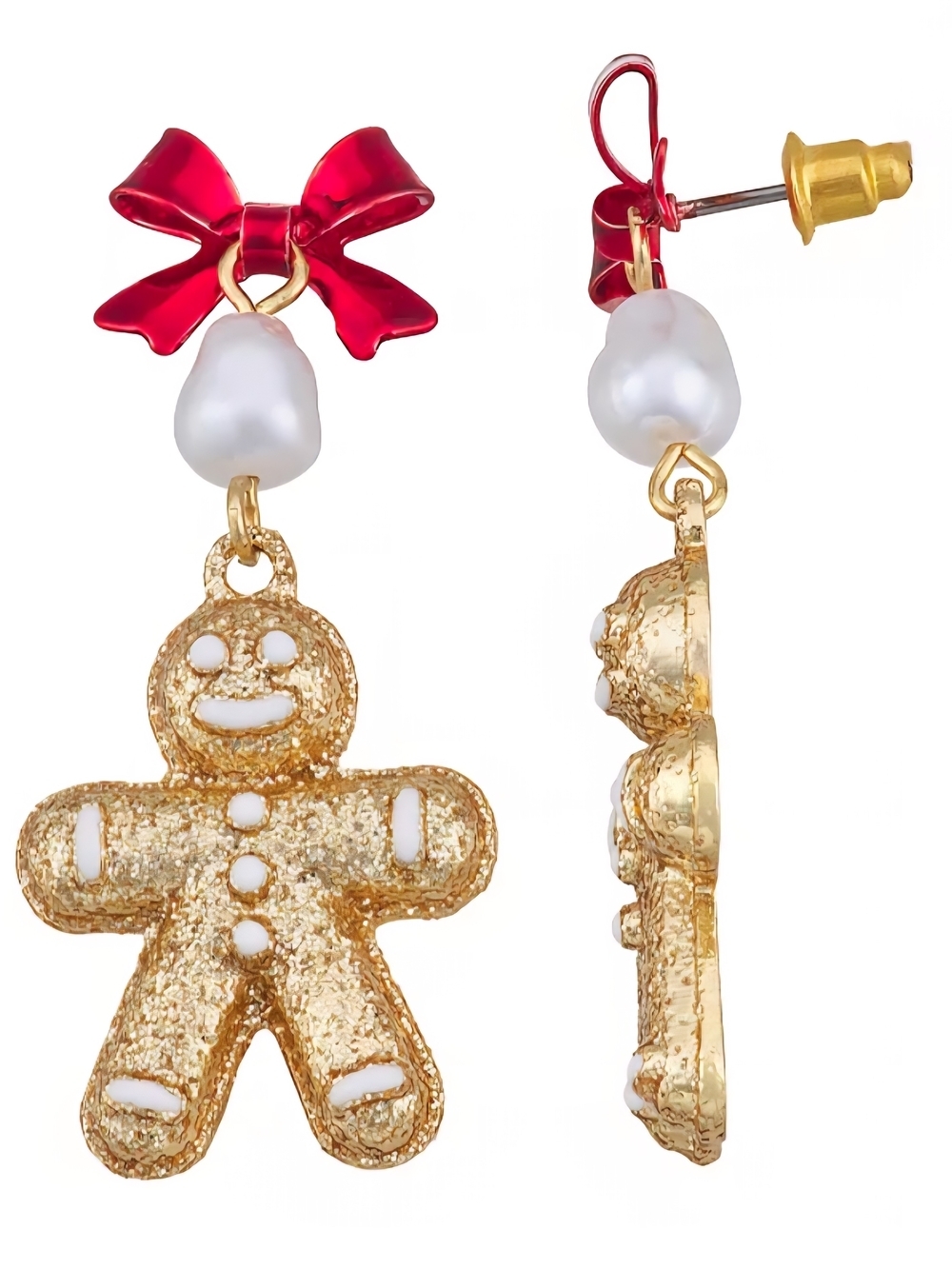 Festive Gold Gingerbread Drop Earrings with Red Bows